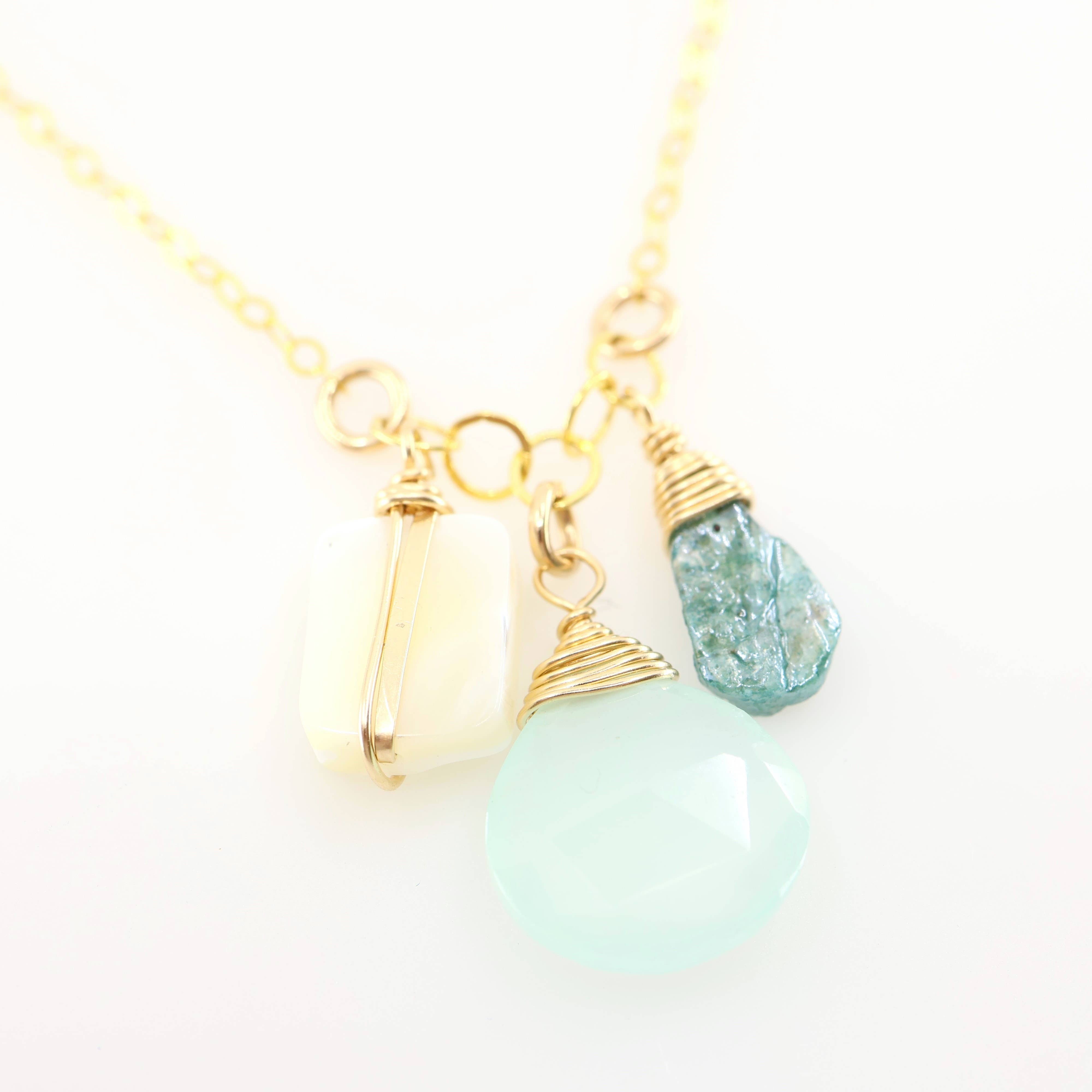 Gemstone Cascade Necklace, Aqua Chalcedony, Mother of Pearl | Hope