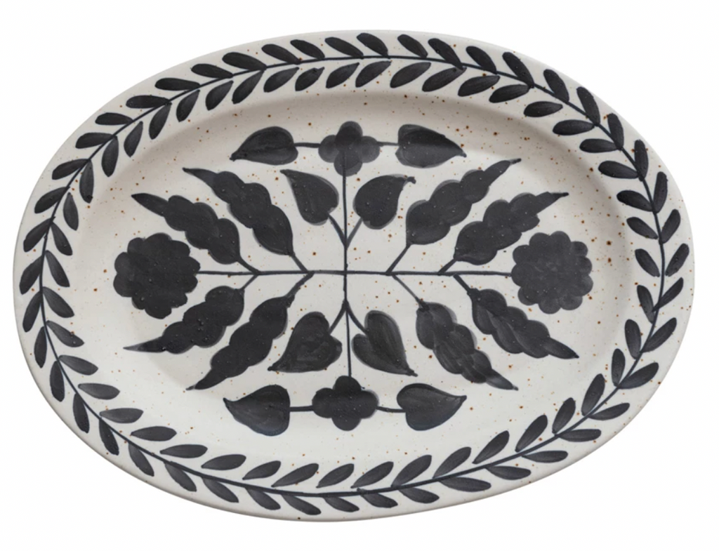 Hand-Painted Stoneware Platter w/ Floral Design, Matte Black & Cream Color Speckled