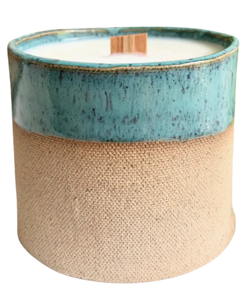 Turquoise Hand Thrown Pottery | Wood Wick | Scented Candle