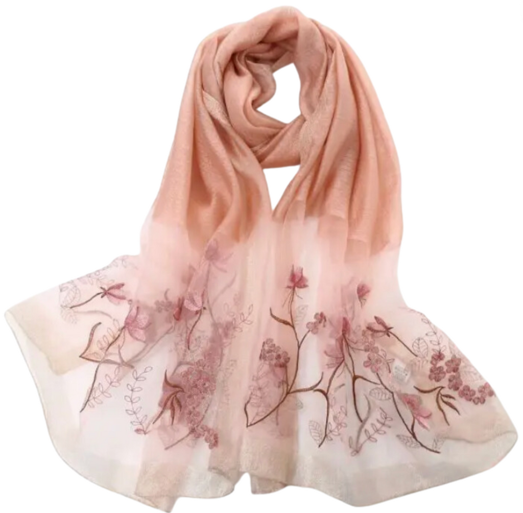 Silk Scarf with Embroidered Flowers