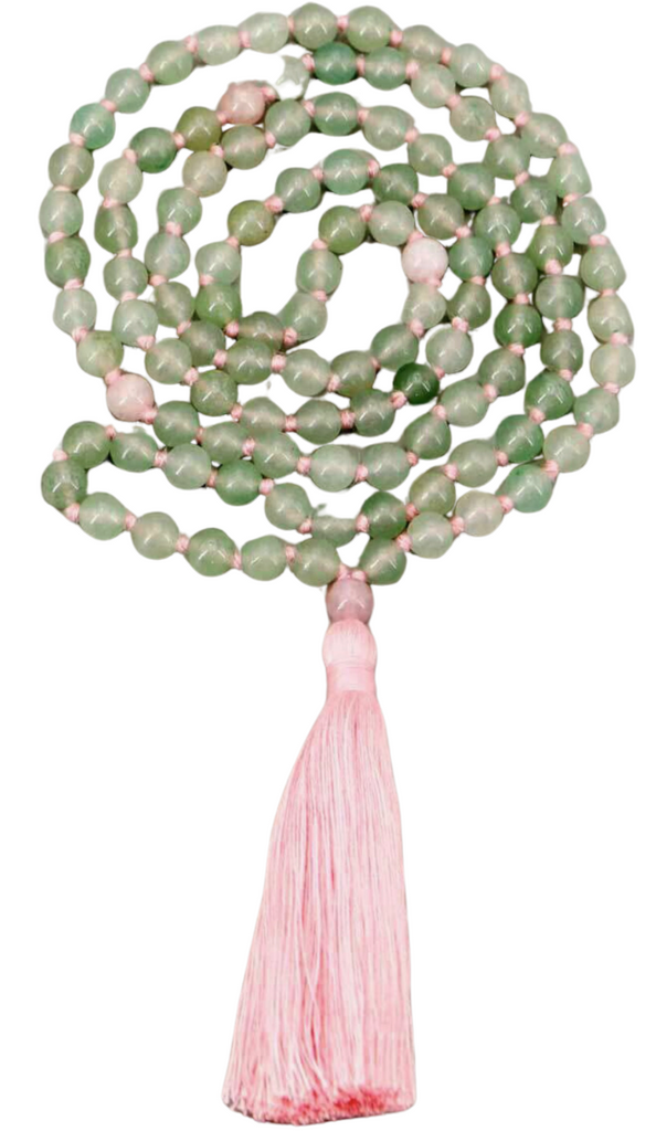 Green Aventurine 108 Beads Meditation Mala with Rose Quartz