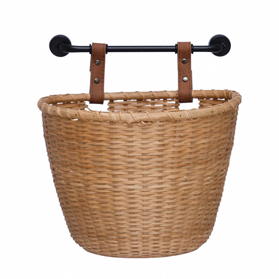 Hand-Woven Bamboo Wall Basket with Metal Bracket and Faux Leather Straps
