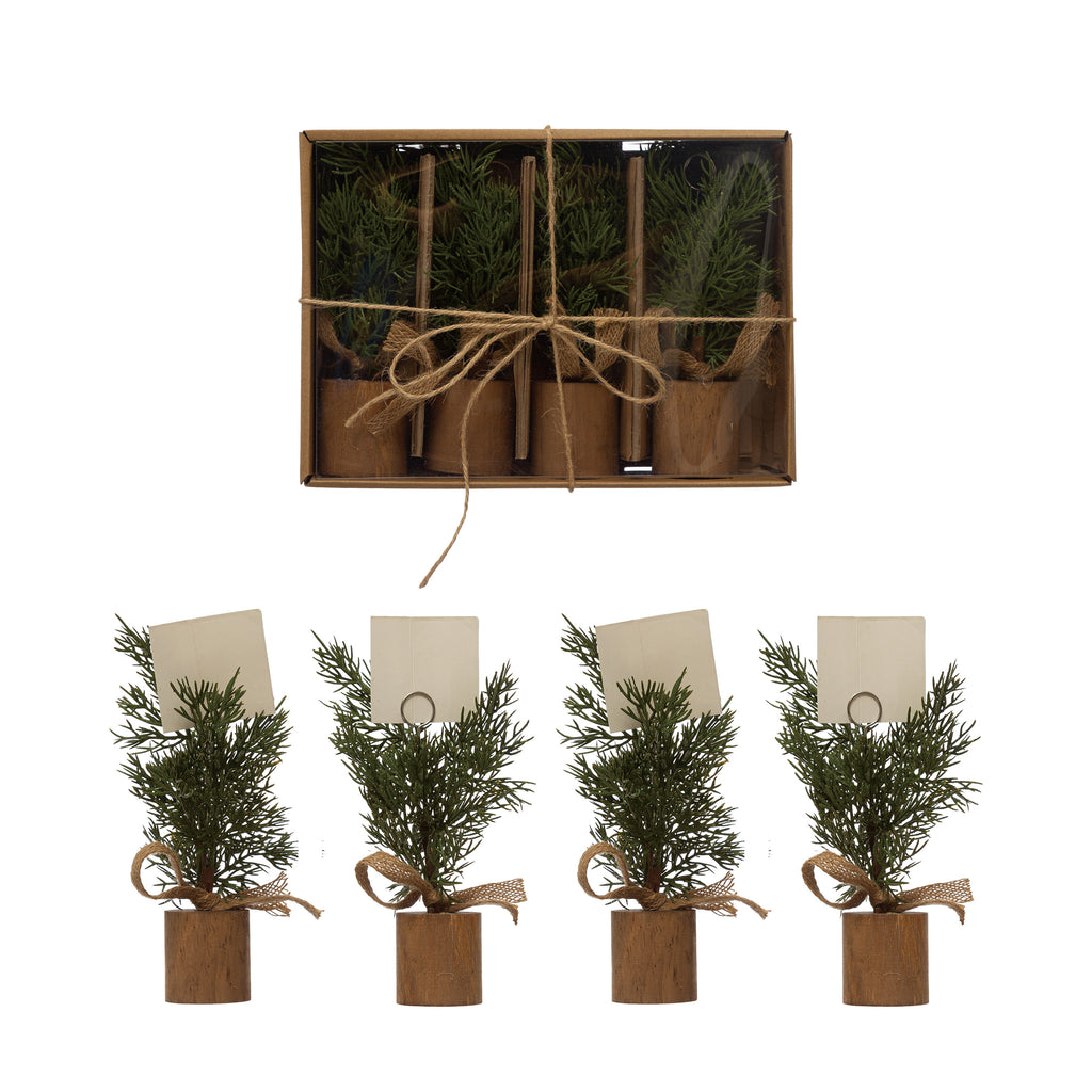 Faux Pine Tree Place Card/Photo Holders with Wood Bases, Boxed Set of 4