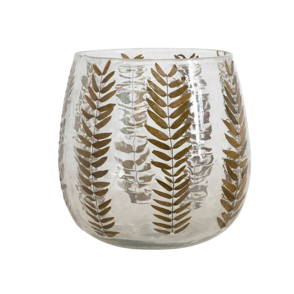 Hand-Blown Glass Candle Holder with Embedded Natural Botanical