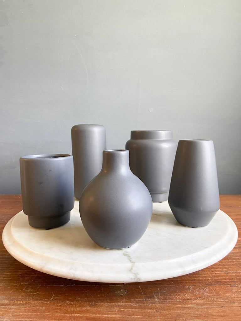 set of 5 ceramic modern budvases of varying shapes white, charcoal, blush, dove grey mod bauble set 