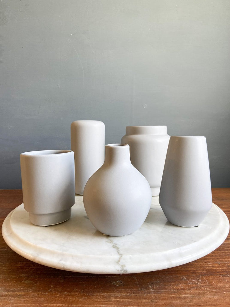 set of 5 ceramic modern budvases of varying shapes white, charcoal, blush, dove grey mod bauble set 