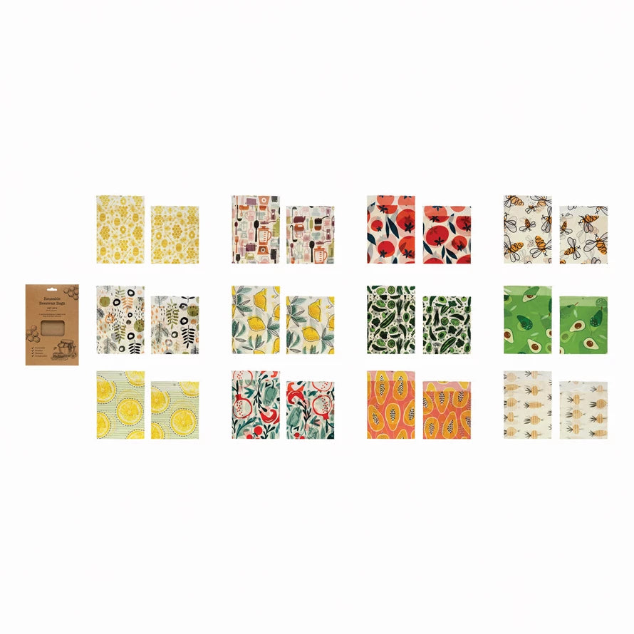 Reusable Fabric Beeswax Food Bags with Prints, Set of 2