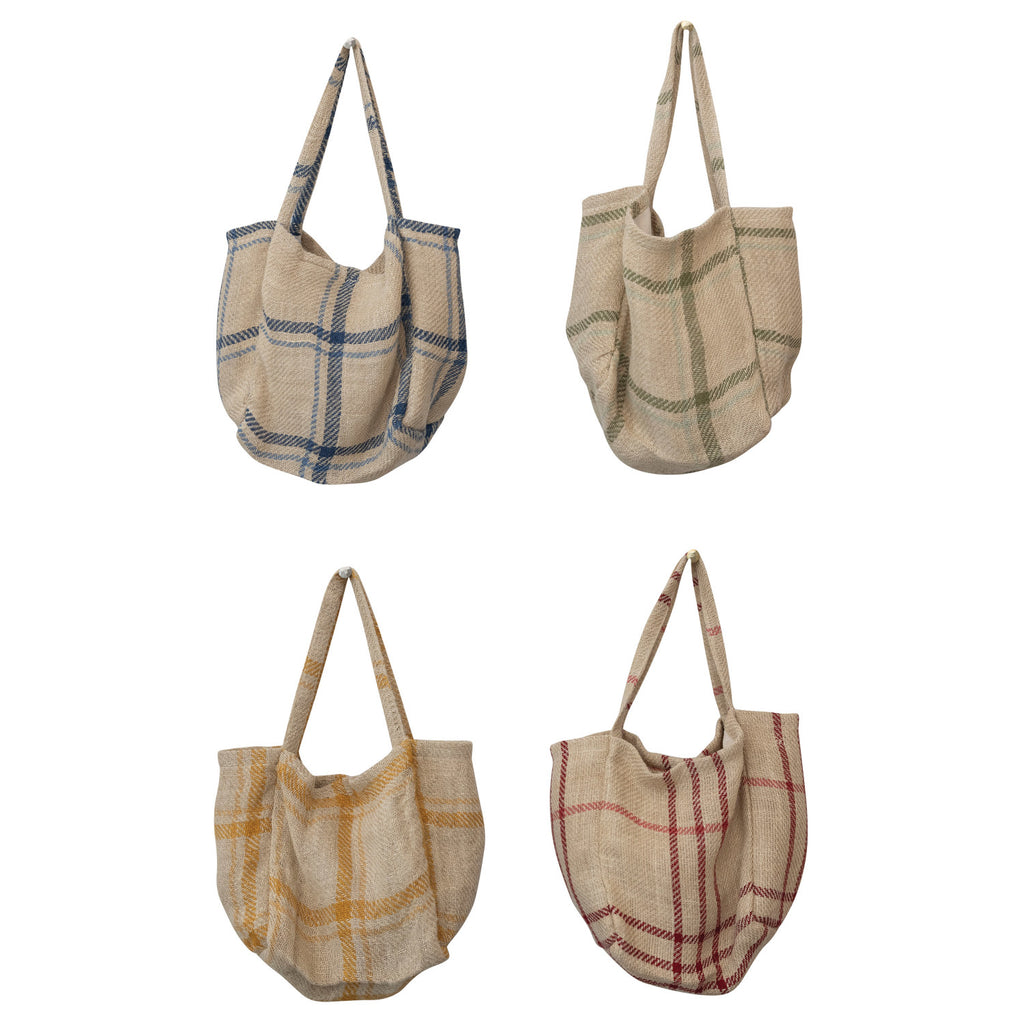 Jute Tote Bag w/ Grid Pattern, Handles & Interior Pocket, 4 Colors